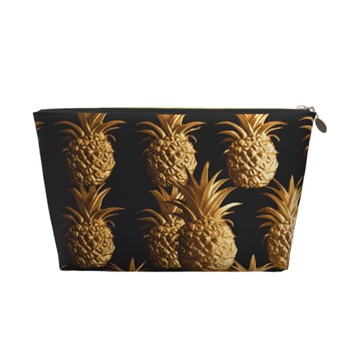 Kulturbeutel mit goldfarbenem Ananas-Hintergrund, bedruckt, für Damen und Mädchen, tragbare Reise-Kosmetiktasche, Leder-Make-up-Tasche, Organizer mit goldfarbenem Reißverschluss, gold, Einheitsgröße, von ULKMFFCF