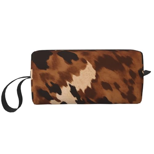 Make-up-Tasche aus braunem Rindsleder, Kunstdruck, für Damen und Mädchen, tragbare Reise-Kosmetiktasche, Make-up-Tasche, Organizer mit Griff, weiß, Einheitsgröße, Kosmetiktasche von ULKMFFCF