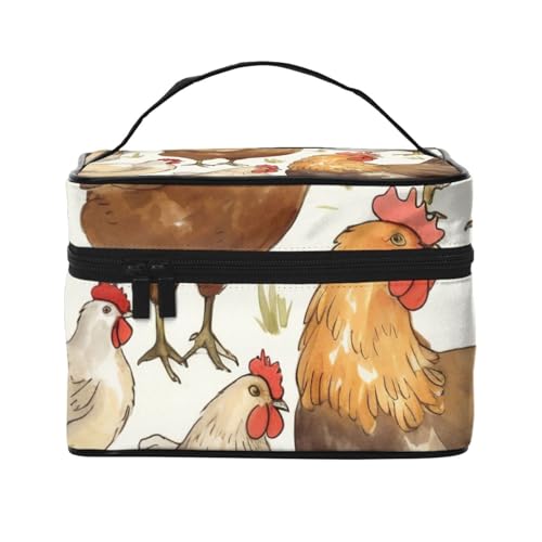 Make-up-Tasche mit Cartoon-Hühner-Druck, tragbare Reise-Kosmetiktasche, Make-up-Organizer, Kosmetiktasche, Beauty-Box mit Innentasche und Griff, Schwarz , Einheitsgröße, Kosmetiktasche von ULKMFFCF