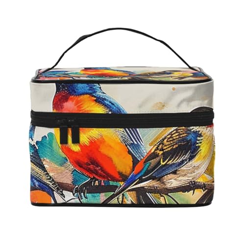 Make-up-Tasche mit buntem Vogeldruck, tragbare Reise-Kosmetiktasche, Make-up-Organizer, Kosmetiktasche mit Innentasche und Griff, Schwarz , Einheitsgröße, Kosmetiktasche von ULKMFFCF