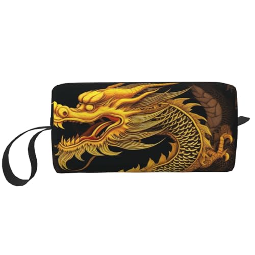 Make-up-Tasche mit chinesischem goldgelbem Drachen-Druck, für Damen und Mädchen, tragbare Reise-Kosmetiktasche, Make-up-Tasche, Organizer mit Griff, weiß, Einheitsgröße, Kosmetiktasche von ULKMFFCF