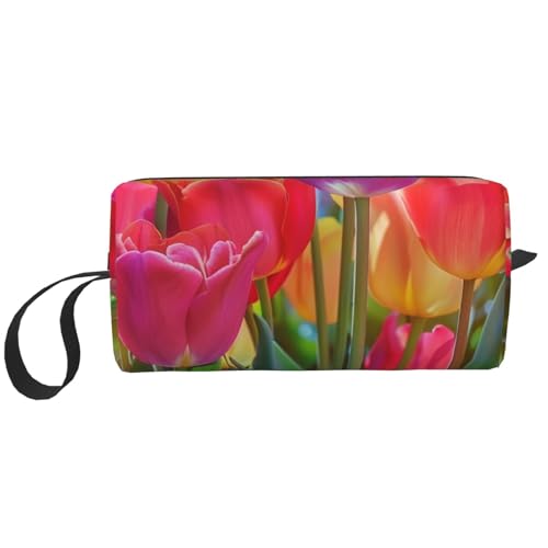 Make-up-Tasche mit farbigem Blumendruck, für Damen und Mädchen, tragbare Reise-Kosmetiktasche, Make-up-Tasche, Organizer mit Griff, weiß, Einheitsgröße, Kosmetiktasche von ULKMFFCF