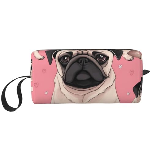 Make-up-Tasche mit niedlichem Mops-Aufdruck, für Damen und Mädchen, tragbare Reise-Kosmetiktasche, Make-up-Tasche, Organizer mit Griff, weiß, Einheitsgröße, Kosmetiktasche von ULKMFFCF