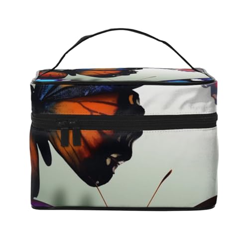 Schöne Make-up-Tasche mit Schmetterlings-Druck, tragbare Reise-Kosmetiktasche, Make-up-Organizer, Kosmetiktasche mit Innentasche und Griff, Schwarz , Einheitsgröße, Kosmetiktasche von ULKMFFCF