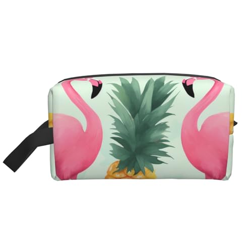 Tragbare Make-up-Tasche mit Cartoon-Flamingo-Ananas-Druck, für Damen und Mädchen, große Kapazität, Reise-Kosmetiktasche, Make-up-Tasche, Organizer mit Griff, weiß, Einheitsgröße, Kosmetiktasche von ULKMFFCF