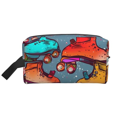 Tragbare Make-up-Tasche mit Retro-Rollschuhen, farbenfroher Druck, für Damen und Mädchen, große Kapazität, Reise-Kosmetiktasche, Make-up-Tasche, Organizer mit Griff, weiß, Einheitsgröße, von ULKMFFCF