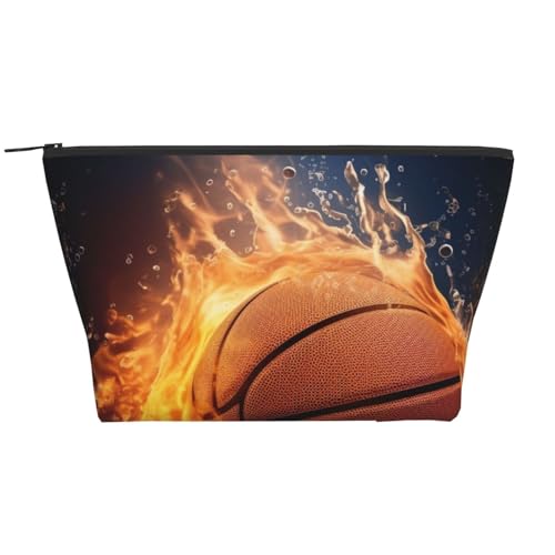 Trapez-Make-up-Tasche mit Basketball auf Feuer und Wasserflammenspritzer, für Damen und Mädchen, große Kapazität, tragbare Reise-Kosmetiktasche, Make-up-Tasche, Organizer, Schwarz , Einheitsgröße, von ULKMFFCF