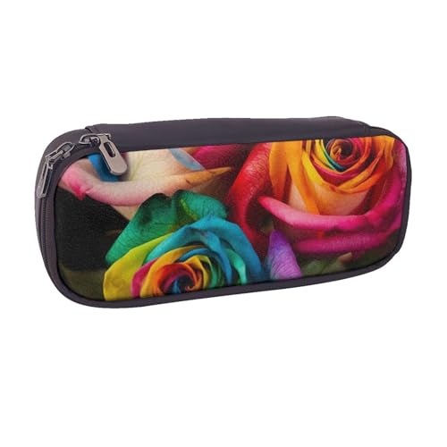 ULKMFFCF Federmäppchen mit Regenbogen-Rose, bedrucktes Federmäppchen – PU-Leder, Studenten, Schreibwaren-Tasche, Federmäppchen mit Reißverschluss, für Schule, Büro, Reisen und Make-up, Schwarz , von ULKMFFCF