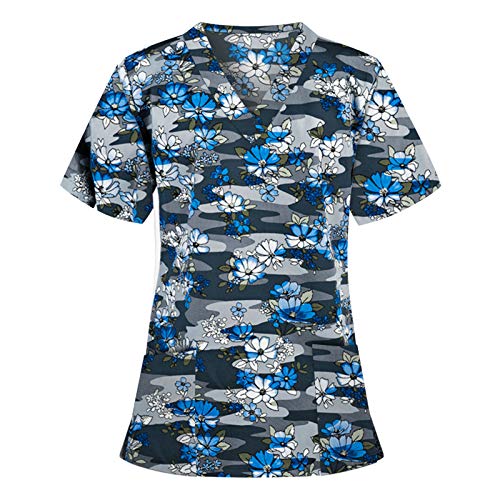 UNHU Arbeitskleidung Pflege Damen V-Ausschnitt Schlupfhemd Kasack Blumendruck Kurzarm T-Shirts Tops Berufskleidung Krankenpfleger Uniformen mit Taschen (L, Blau) von UNHU