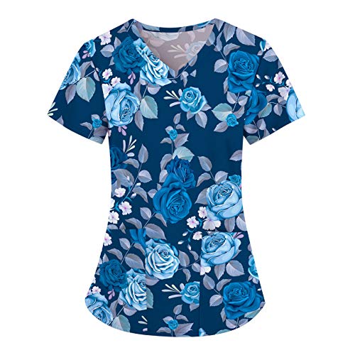 UNHU Kasack Damen Pflege Bunt Arbeitskleidung Uniformen V-Ausschnitt Schlupfhemd Berufskleidung Blume Bedruckt Nurse Kurzarm Bluse T-Shirts Schlupfkasack mit Taschen (Blau, M) von UNHU