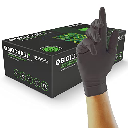 UNIGLOVES BioTouch Nitril-Einweghandschuhe - biologisch abbaubar, vielseitig einsetzbare, medizinische Untersuchungshandschuhe - Box mit 100 Handschuhen, Schwarz, Groß (GM0094) von UNIGLOVES