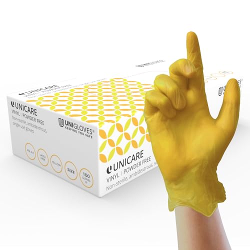 UNIGLOVES Unicare Vinyl Einweghandschuhe - vielseitig einsetzbar, puder- und latexfreie Untersuchungshandschuhe - Box mit 100 Handschuhen, gelb, Mittel (GS0103) UNIGLOVES Unicare Vinyl Einweghandschuhe - vielseitig einsetzbar, puder- und latexfreie Untersuchungshandschuhe - Box mit 100 Handschuhen, gelb, Mittel (GS0103) von UNIGLOVES