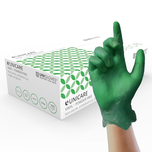 UNIGLOVES Unicare Vinyl Einweghandschuhe - vielseitig einsetzbar, puder- und latexfreie Untersuchungshandschuhe - Box mit 100 Handschuhen, Grün, Mittel (GS0123) UNIGLOVES Unicare Vinyl Einweghandschuhe - vielseitig einsetzbar, puder- und latexfreie Untersuchungshandschuhe - Box mit 100 Handschuhen, Grün, Mittel (GS0123) von UNIGLOVES