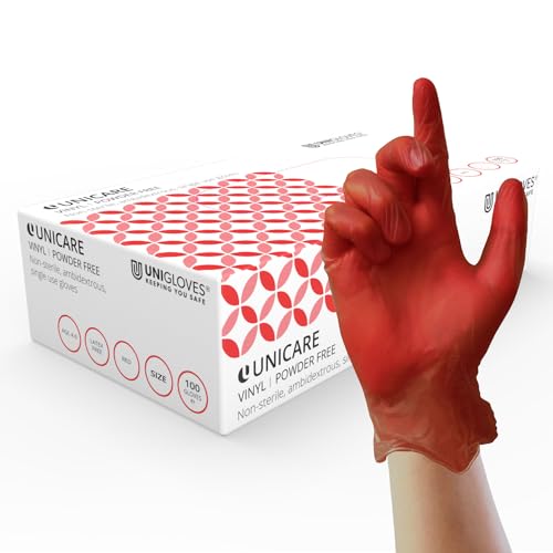 UNIGLOVES Unicare Vinyl Einweghandschuhe - vielseitig einsetzbar, puder- und latexfreie Untersuchungshandschuhe - Box mit 100 Handschuhen, rot, extra groß (GS0115) UNIGLOVES Unicare Vinyl Einweghandschuhe - vielseitig einsetzbar, puder- und latexfreie Untersuchungshandschuhe - Box mit 100 Handschuhen, rot, extra groß (GS0115) von UNIGLOVES