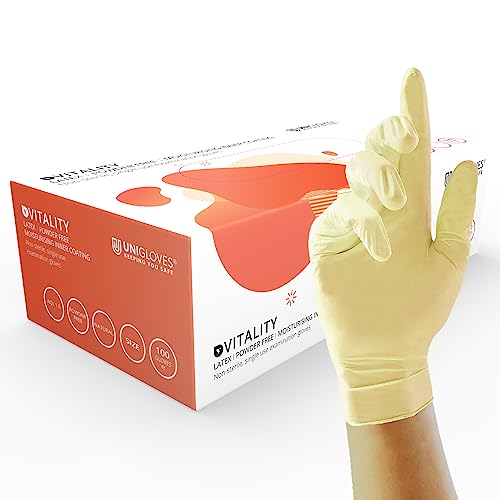 UNIGLOVES Vitality GD0025 Latex-Untersuchungshandschuhe, feuchtigkeitsspendend, puderfrei, Box mit 100 Handschuhen, Natur, Größe XL von UNIGLOVES