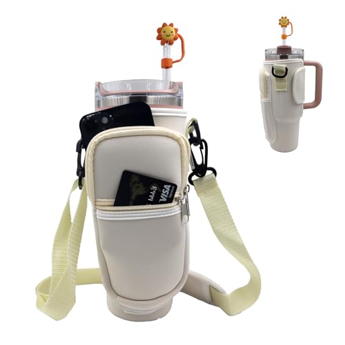 UOKIIYUA Wasserflasche Carrier Bag kompatibel mit Stanley 40oz Tumbler mit Griff, mit verstellbarem Schultergurt und Tasche und Stroh Abdeckung, Sport Wasserflaschenhalter für Wandern von UOKIIYUA