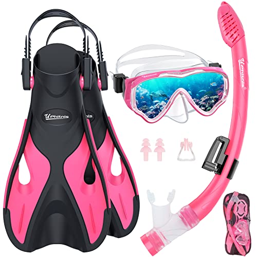 UPhitnis Schnorchelset Kinder mit Flossen,Anti-Fog 180°Panorama Taucherbrille Kinder, Verstellbaren Schwimmflossen und Premium Dry Schnorchel,3 in 1 Schnorcheln Set für Kinder mit Tragetasche von UPhitnis