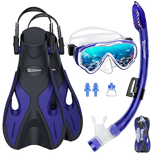 UPhitnis Schnorchelset Kinder mit Flossen,Anti-Fog 180°Panorama Taucherbrille Kinder, Verstellbaren Schwimmflossen und Premium Dry Schnorchel,3 in 1 Schnorcheln Set für Kinder mit Tragetasche von UPhitnis