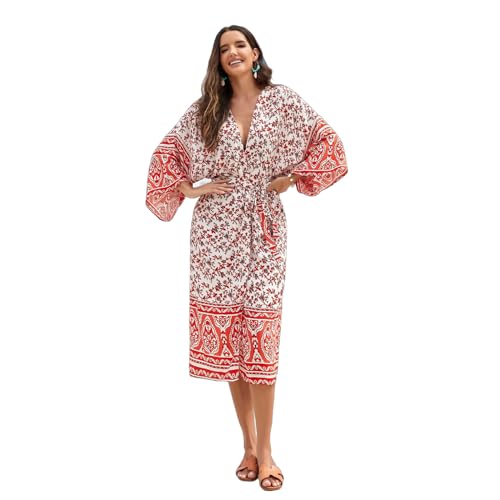 URTERYSER Frauen Vorne Offen Kimono Strickjacken Strand Urlaub Badeanzug Up Sonnenschutz Blumen Schal Kleid Mit Gürtel von URTERYSER