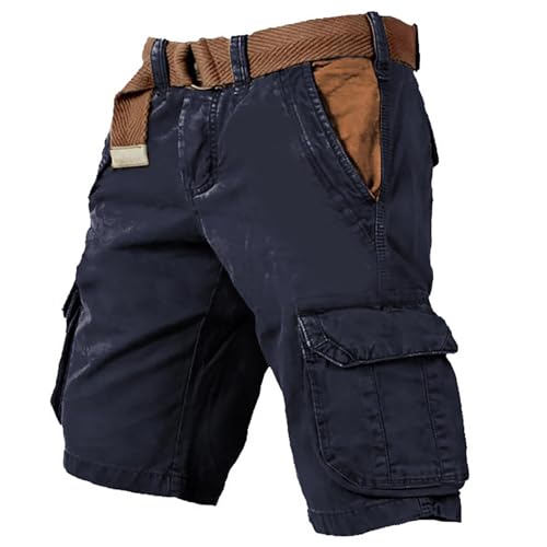 URWEIGH Taktische Herren-Shorts Mit Mehreren Taschen, Leichte Stretch-Cargo-Shorts Für Herren Mit 6 Taschen, Wasserfester Vintage-Gelb-Stone-Wash-Druck (Dunkelblau,5XL) von URWEIGH