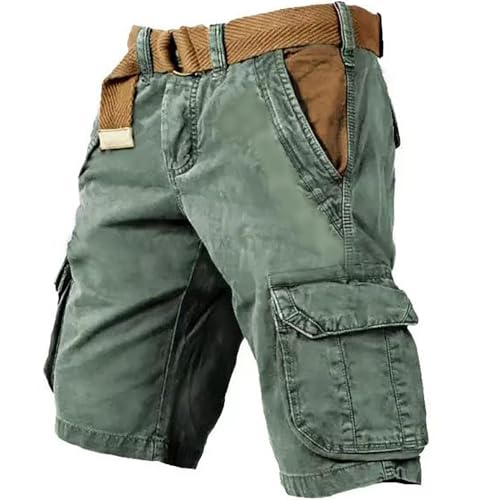 URWEIGH Taktische Herren-Shorts Mit Mehreren Taschen, Leichte Stretch-Cargo-Shorts Für Herren Mit 6 Taschen, Wasserfester Vintage-Gelb-Stone-Wash-Druck (Grün,M) von URWEIGH