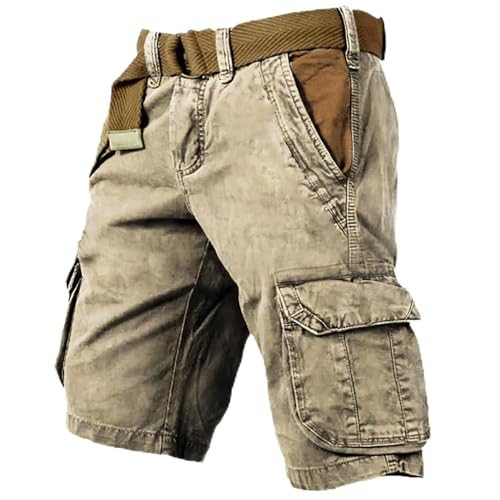 URWEIGH Taktische Herren-Shorts Mit Mehreren Taschen, Leichte Stretch-Cargo-Shorts Für Herren Mit 6 Taschen, Wasserfester Vintage-Gelb-Stone-Wash-Druck (Khaki,2XL) von URWEIGH