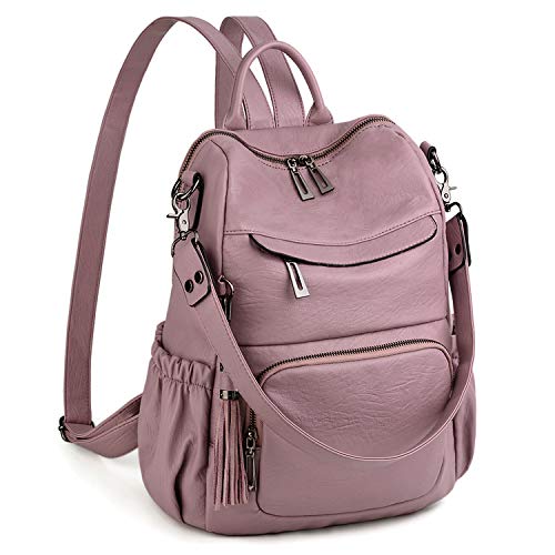 UTO Damen Rucksack Leder PU Cabrio Schulrucksack Rucksackhandtaschen Multifunktionsrucksack mit Quasten Lässige Schultertaschen Für Arbeit Schule Groß Kapazität Reißverschluss Umhängetasche Taupe Rosa von UTO