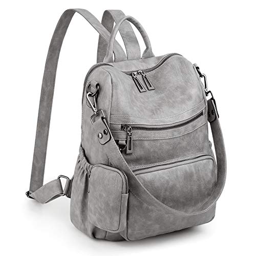 UTO Damen Rucksack Leder Vegan Rucksackhandtaschen Schule Schulrucksack Multifunktionsrucksack mit abnehmbarem Beutels Große Kapazität Schultertaschen Reißverschluss Umhängetasche Hellgrau von UTO