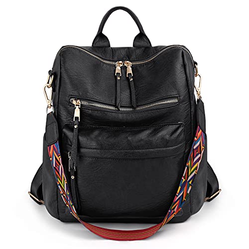 UTO Damen Rucksack PU Leder Modischer Multifunktionsrucksack mit farbigem Schultergurts Große Kapazität Schultertaschen Reißverschluss Rucksackhandtaschen für Reise Schule Arbeit Schwarz von UTO