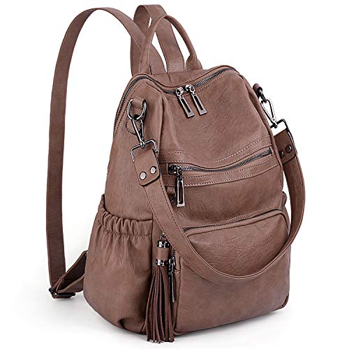 UTO Damen Rucksack PU Washed Leder Modischer Multifunktionsrucksack mit Quastendesign Lässige Schultertaschen vielen Kompartiment Reißverschluss Umhängetasche Rucksack Schule Schulrucksack Khaki von UTO