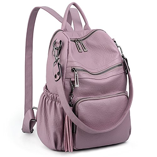 UTO Damen Rucksack PU Washed Leder Modischer Multifunktionsrucksack mit Quastendesign Lässige Schultertaschen vielen Kompartiment Reißverschluss Umhängetasche Schule Schulrucksack Leicht Taupe Rosa von UTO