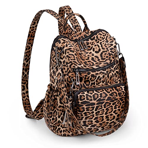 UTO Damen Rucksack PU Washed Leder kennzeichnende Umhängetasche Rucksack Schule Schulrucksack mit Quastendesign Lässige Schultertaschen vielen Kompartiment Reißverschluss Beutel Leoparden von UTO