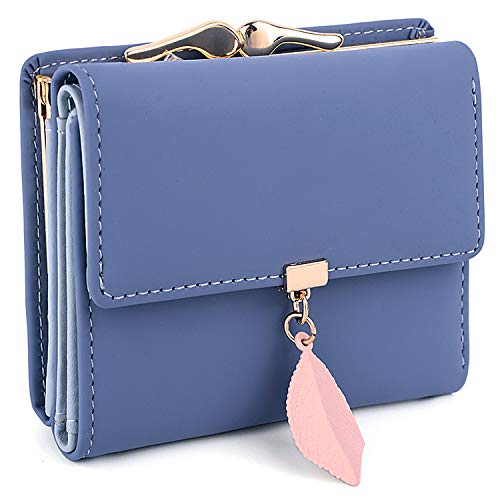 UTO Geldbörse Damen Klein mit Feiner Anhänger Kleines Portemonnaie RFID Blatt Bi-Fold Brieftasche Mini Geldbeutel Viele Fächern Druckknopf Münzfach Portmonee Weihnachten Neujahr Blau2 von UTO