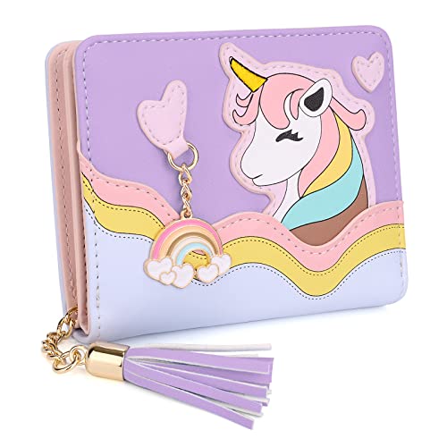 UTO Nette Geldbörse Mädchen PU Leder Portemonnaie Damen Quaste Anhänger Kartenhalter Kawaii Einhorn Muster Münze Geldbeutel für Valentinstag Muttertag Geburtstag Gedenktag Weihnachten Neujahr Lila von UTO