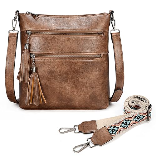 UTO Umhängetasche Damen und Herren Groß Leder mit Quaste Reißverschluss Unisex Messenger Bag Verstellbar Schulter Kunstleder Crossbody PU Leder Schultertasche für Abend Freizeit Lässig Business von UTO