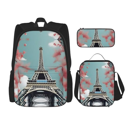 UVBDF 3-teiliges Eiffelturm-Rucksack-Schultaschen-Set für Reisen, Lernrucksack, Lunchbox und Federmäppchen, Schwarz , Einheitsgröße, Schulranzen-Set von UVBDF