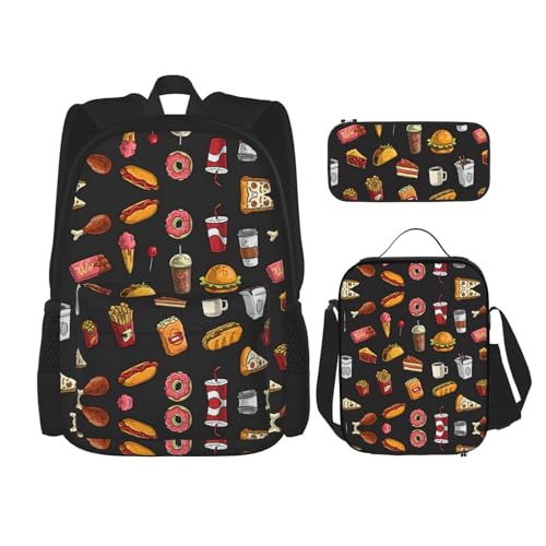 UVBDF 3-teiliges Hühnerbein-Burger-Trinkrucksack-Set für Reisen, Studium, Rucksack und Lunchbox und Federmäppchen, Schwarz , Einheitsgröße, Schulranzen-Set von UVBDF