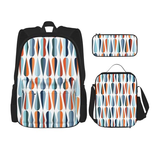 UVBDF 3-teiliges Set aus der Mitte des Jahrhunderts, modernes Retro-Design mit Tropfenformen, Rucksack, Schulranzen-Set für Reisen, Lernrucksack, Lunchbox und Federmäppchen, Schwarz , Einheitsgröße, von UVBDF