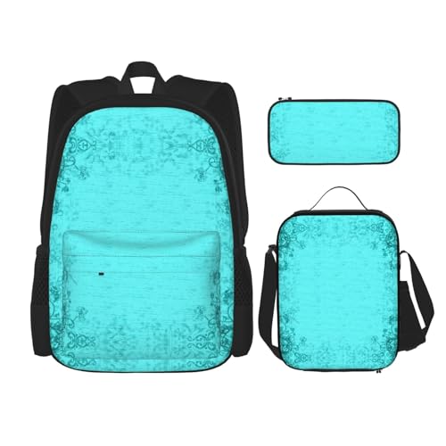 UVBDF Rucksack, Schulranzen-Set für Reisen, Lernrucksack, Lunchbox und Federmäppchen, Blaugrün, 3-teilig, Schwarz , Einheitsgröße, Schulranzen-Set von UVBDF