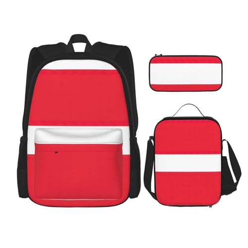 UVBDF Rucksack mit österreichischer Flagge, Schulranzen-Set für Reisen, Lernrucksack, Lunchbox und Federmäppchen, 3-teilig, Schwarz , Einheitsgröße, Schulranzen-Set von UVBDF