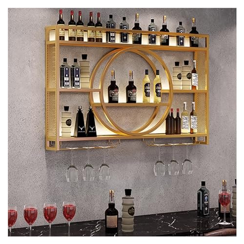 An der Wand montiertes Weinregal mit Weinglashalter, LED-beleuchtete Regale zur Weinlagerung, Spirituosenregal, Weingläser- und Flaschenpräsentation, stabiler Eisenmetallständer in Gold/Schwarz, für von UYDJAKX