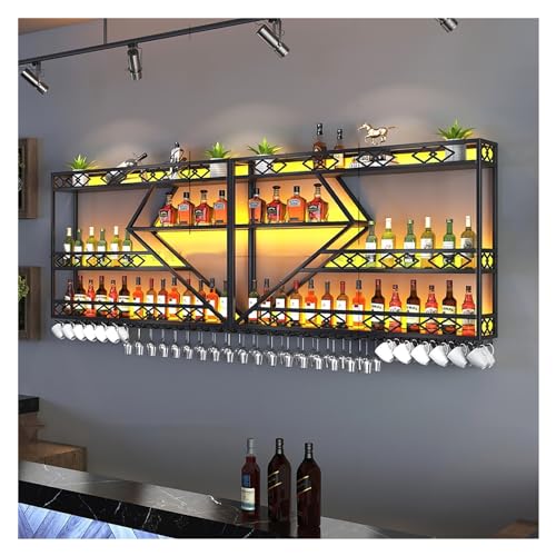 Weinregal zur Wandmontage mit LED-Licht, schwebende Regale an der Barwand, Metallregal für Spirituosenflaschen, Weinlagerregale mit großer Kapazität und Weinglashalter, für Küche, Weinkeller und von UYDJAKX