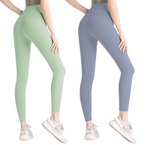 UZQFSGXA Damen-Bauch- und Hüftlifting-Hose, Leggings mit hoher Taille, Übergröße, lässige Yogahose, hüfthebende Sporthose (Large,Green+Light Blue) von UZQFSGXA