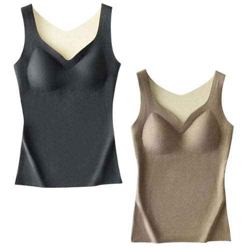 UZQFSGXA Thermounterhemd mit integriertem BH für Damen, ärmellos, gepolstertes Tanktop, warmes Camisole, Formende Sportunterwäsche (X-Large,Black+Khaki) von UZQFSGXA