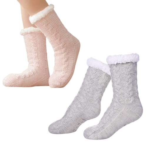 UZQFSGXA Ultradicke Kaschmir-Hausschuhe, rutschfeste, warme, gemütliche Kaschmirsocken, superweiche, warme Winter-Hausschuhe für Damen (One Size,Pink+Light Gray) von UZQFSGXA