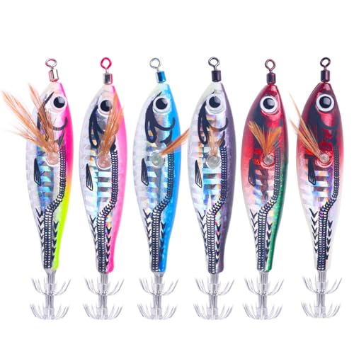 Uitndvyte 6Pcs Leucht Tintenfisch Jigs Haken Angeln Lockt Köder Tintenfisch Tintenfisch Hülse Jigs Angeln Lockt Köder Für Salzwasser Süßwasser von Uitndvyte