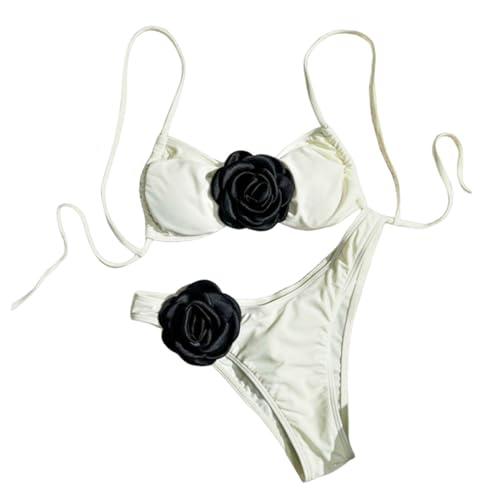 Ukbzxcmws Damen Badeset Mit 3D Blumen Zweiteiliges Badeanzug Set Mit 3D Blumen Badeanzug Neckholder Oberteil Und Slip Mit Niedriger Taille von Ukbzxcmws