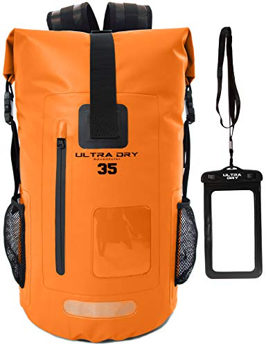 Premium 55L wasserdichter Dry Bag Rucksack, Sack mit Handy-Trockentasche, perfekt für Bootfahren/Kajakfahren/Wandern/Kanufahren/Angeln/Rafting/Schwimmen/Campen/Snowboarden (Orange, 55 Liter) von Ultra Dry Adventurer