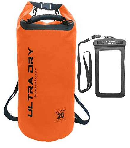 Premium Wasserdichte Tasche, Sack mit Handy-Trockentasche und langem, verstellbarem Schultergurt, ideal für Kajakfahren/ Bootfahren/ Kanufahren / Rafting / Schwimmen / Camping (Orange, 30 Liter) von Ultra Dry Adventurer