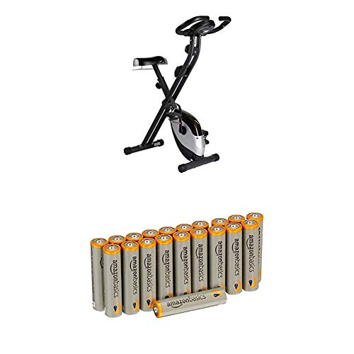 Ultrasport F-Bike Heavy, Fahrradtrainer, Heimtrainer, Fitnessfahrrad mit Trainingscomputer und Handpulssensoren, klappbar, Schwarz/Silber mit Amazon Basics Batterien von Ultrasport